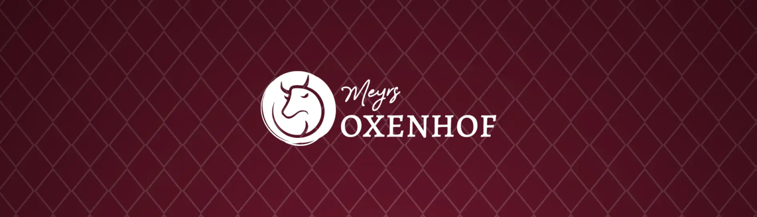 Oxenhof Logo auf dunkelrotem Untergrund mit Musterung