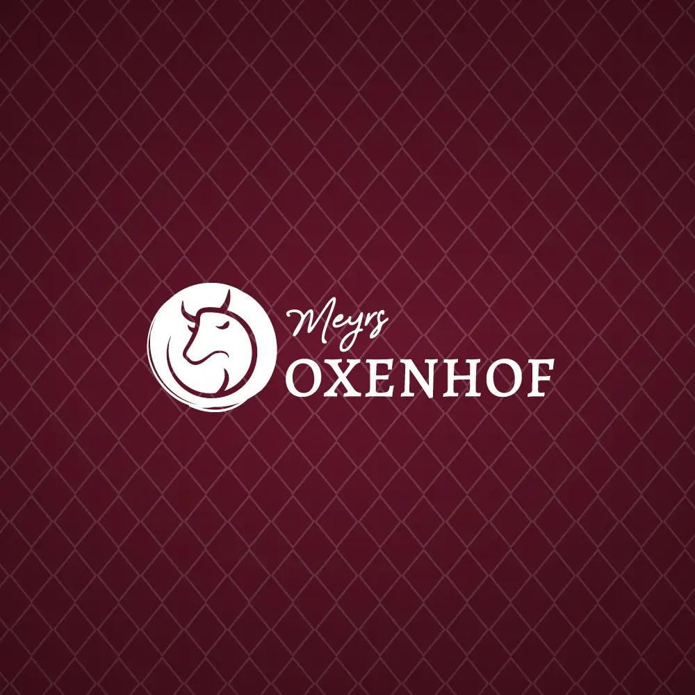 Oxenhof Logo auf dunkelrotem Untergrund mit Musterung