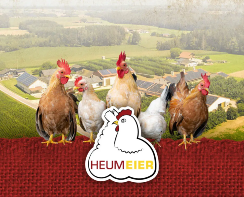 Heumeier Logo auf roten geflochtenen Untergrund mit Hühnern und Heumeierhof im Hintergrund