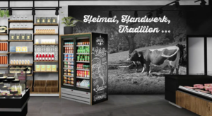 3D Grafik der Seitenwand der Metzgerei Lotter mit großem Foto von Kuh neben Kühlschrank und Regal.