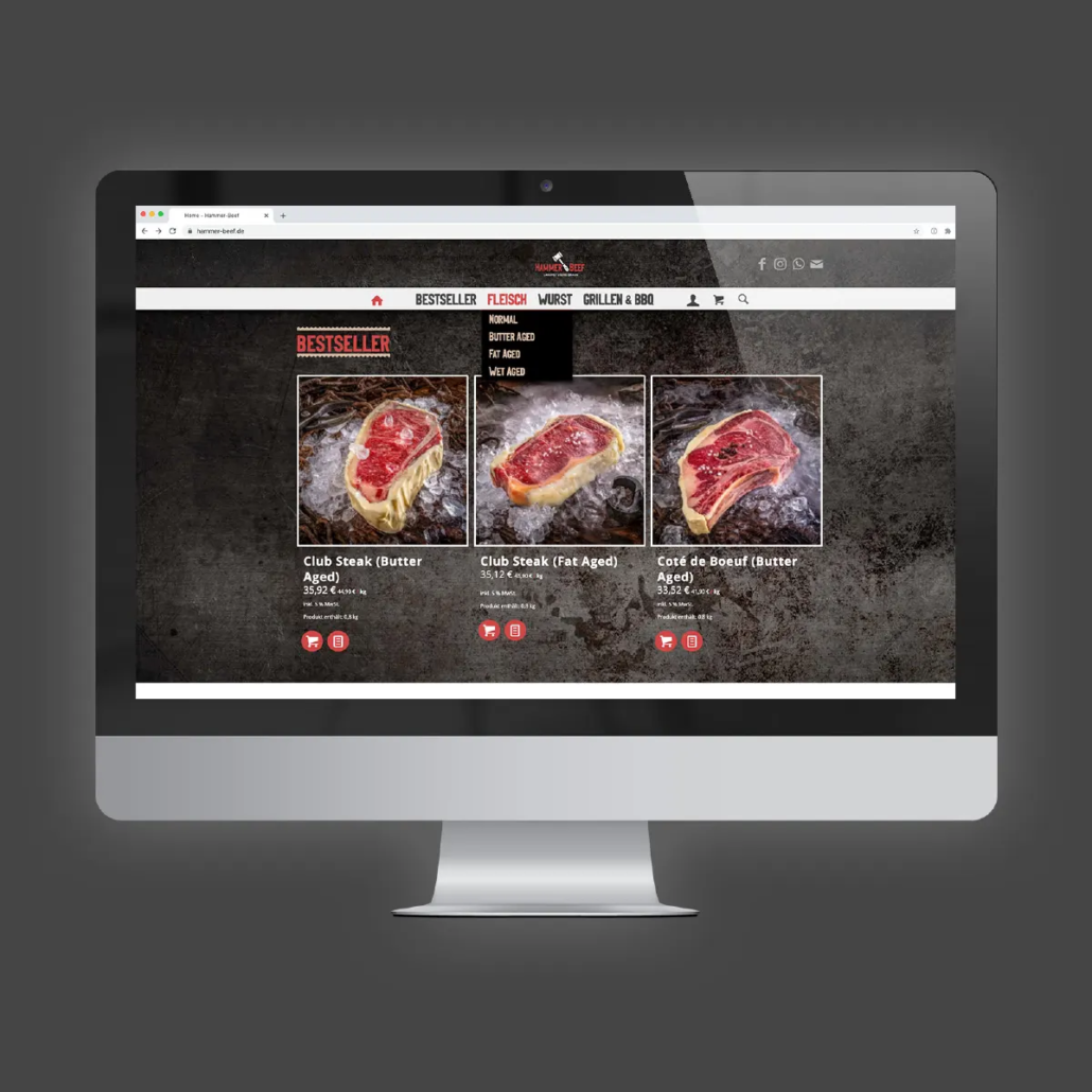 Mockup des Hammer Beef Onlineshops auf grauem Hintergrund.