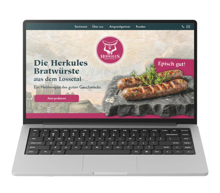 Herkules Bratwurst Website Laptop mit geöffneter Website von Herkules Bratwurst, die gegrillte Bratwürste auf einer Steinplatte zeigt.