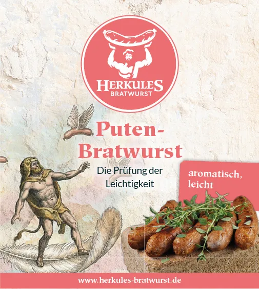 Etikett der Herkules Puten-Bratwurst mit Herkules-Illustration auf einer Feder und gegrillten Würstchen.