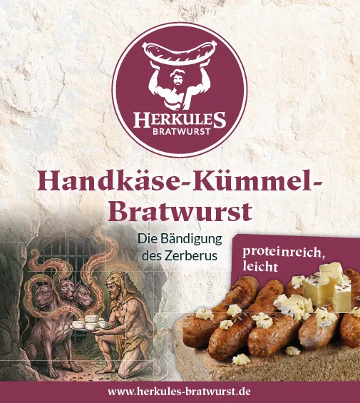 Werbung für Handkäse-Kümmel-Bratwurst mit einer Herkules-Illustration und gegrillten Würstchen.