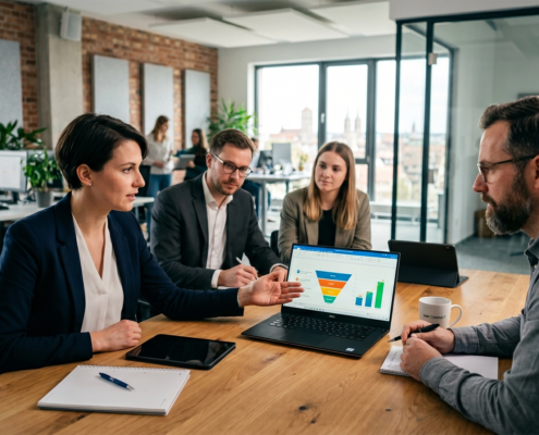 Zwei Männer und zwei Frauen in Business-Kleidung sitzen um einen Holztisch und diskutieren über Grafiken auf dem Laptop-Bildschirm. Im Hintergrund sieht man ein modern eingerichtetes helles Büro.